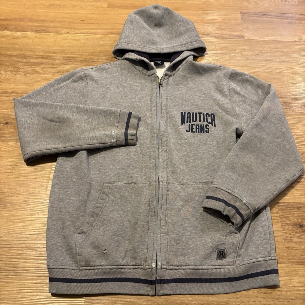 VTG Nautica Jeans Co Full Zip Hoodie Size M Gray Thrashed Distressed Grunge Y2K